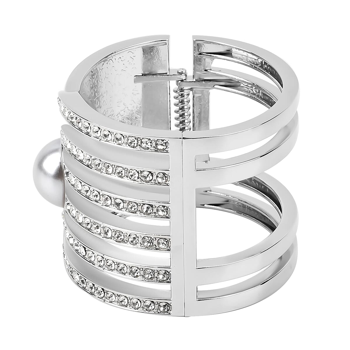 Simulated Pearl, White Austrian Crystal Bangle Bracelet in Silvertone (6.25 In) image number 3