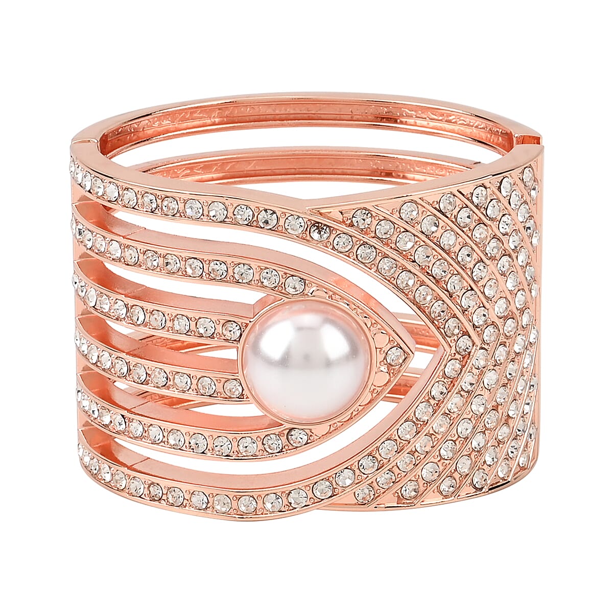 Simulated Pearl, White Austrian Crystal Bangle Bracelet in Rosetone (6.25 In) image number 0