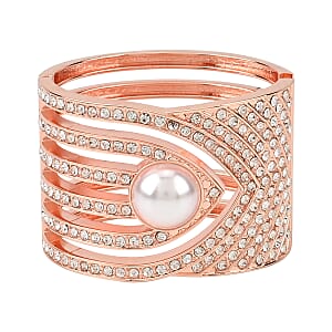 Simulated Pearl, White Austrian Crystal Bangle Bracelet in Rosetone (6.25 In)