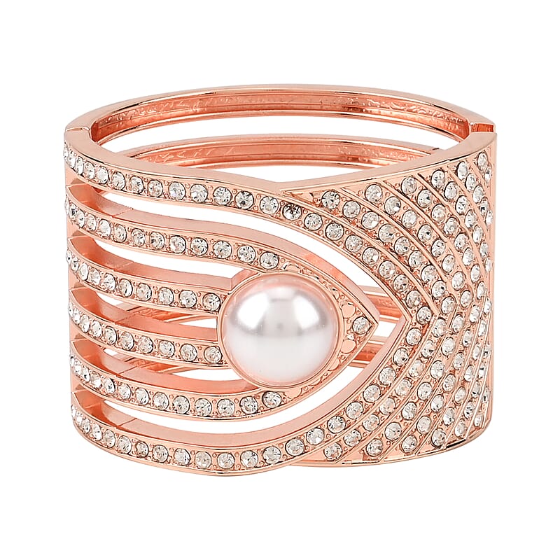 Simulated Pearl, White Austrian Crystal Bangle Bracelet in Rosetone (6.25 In)