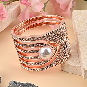 Simulated Pearl, White Austrian Crystal Bangle Bracelet in Rosetone (6.25 In)