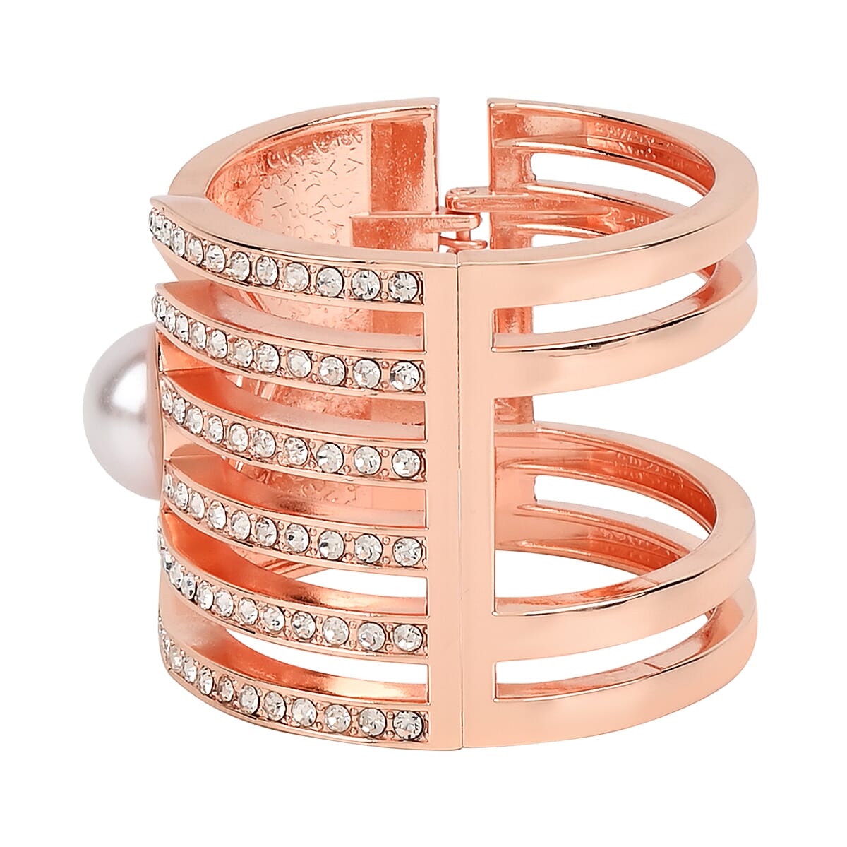 Simulated Pearl, White Austrian Crystal Bangle Bracelet in Rosetone (6.25 In) image number 3