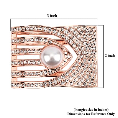 Simulated Pearl, White Austrian Crystal Bangle Bracelet in Rosetone (6.25 In)