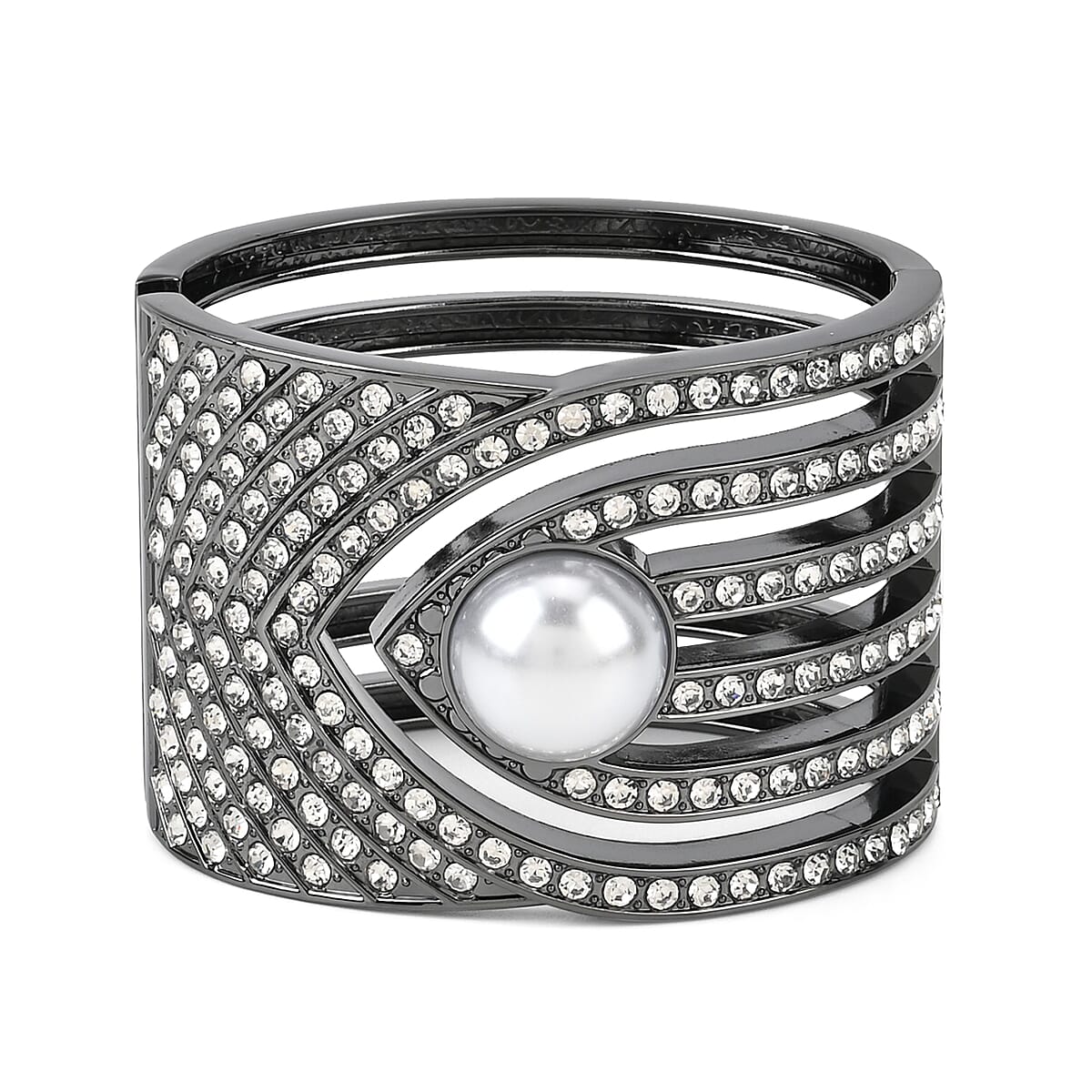 Simulated Pearl, White Austrian Crystal Bangle Bracelet in Dark Silvertone (6.25 In) image number 0