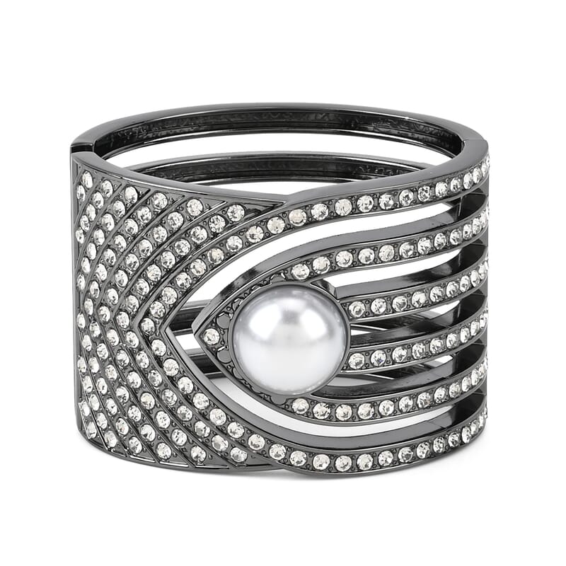 Simulated Pearl, White Austrian Crystal Bangle Bracelet in Dark Silvertone (6.25 In)