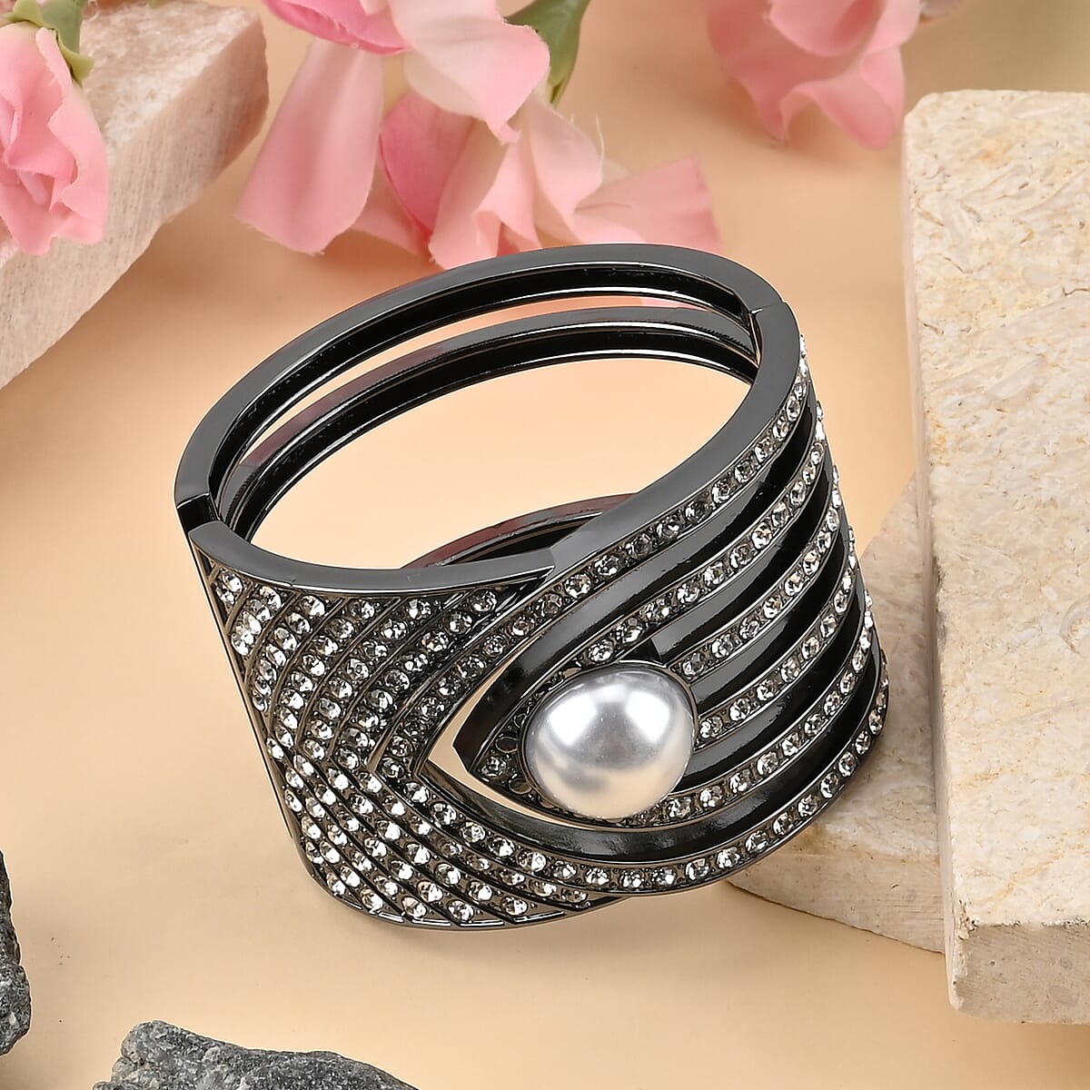 Simulated Pearl, White Austrian Crystal Bangle Bracelet in Dark Silvertone (6.25 In) image number 1
