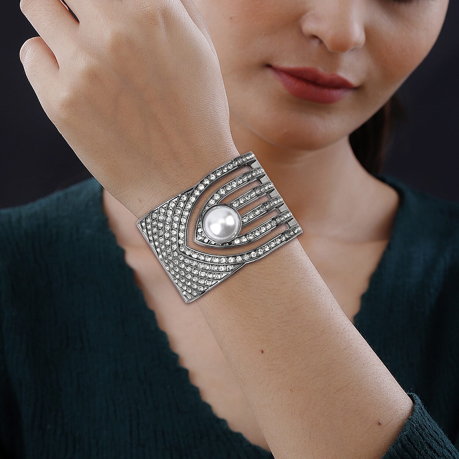 Simulated Pearl, White Austrian Crystal Bangle Bracelet in Dark Silvertone (6.25 In)