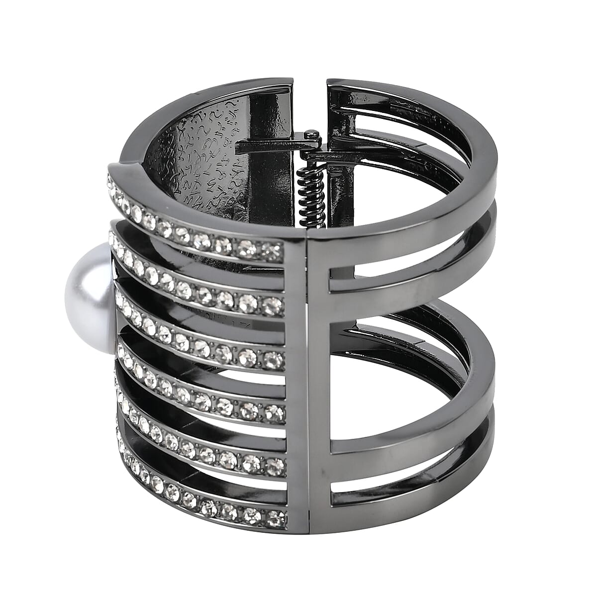 Simulated Pearl, White Austrian Crystal Bangle Bracelet in Dark Silvertone (6.25 In) image number 3