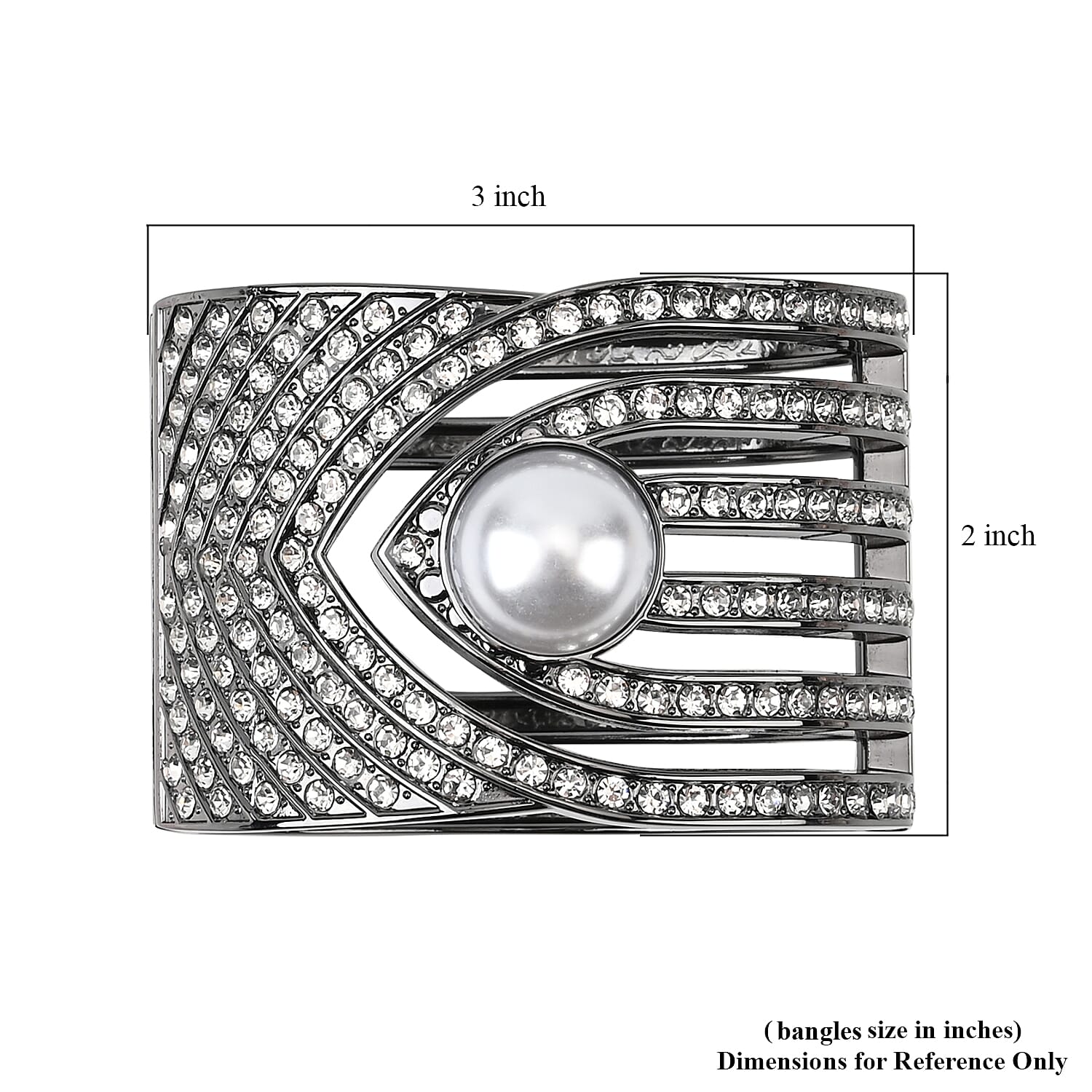 Simulated Pearl, White Austrian Crystal Bangle Bracelet in Dark Silvertone (6.25 In)