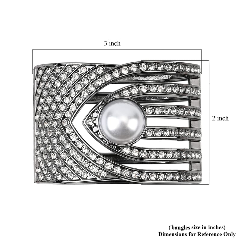 Simulated Pearl, White Austrian Crystal Bangle Bracelet in Dark Silvertone (6.25 In)