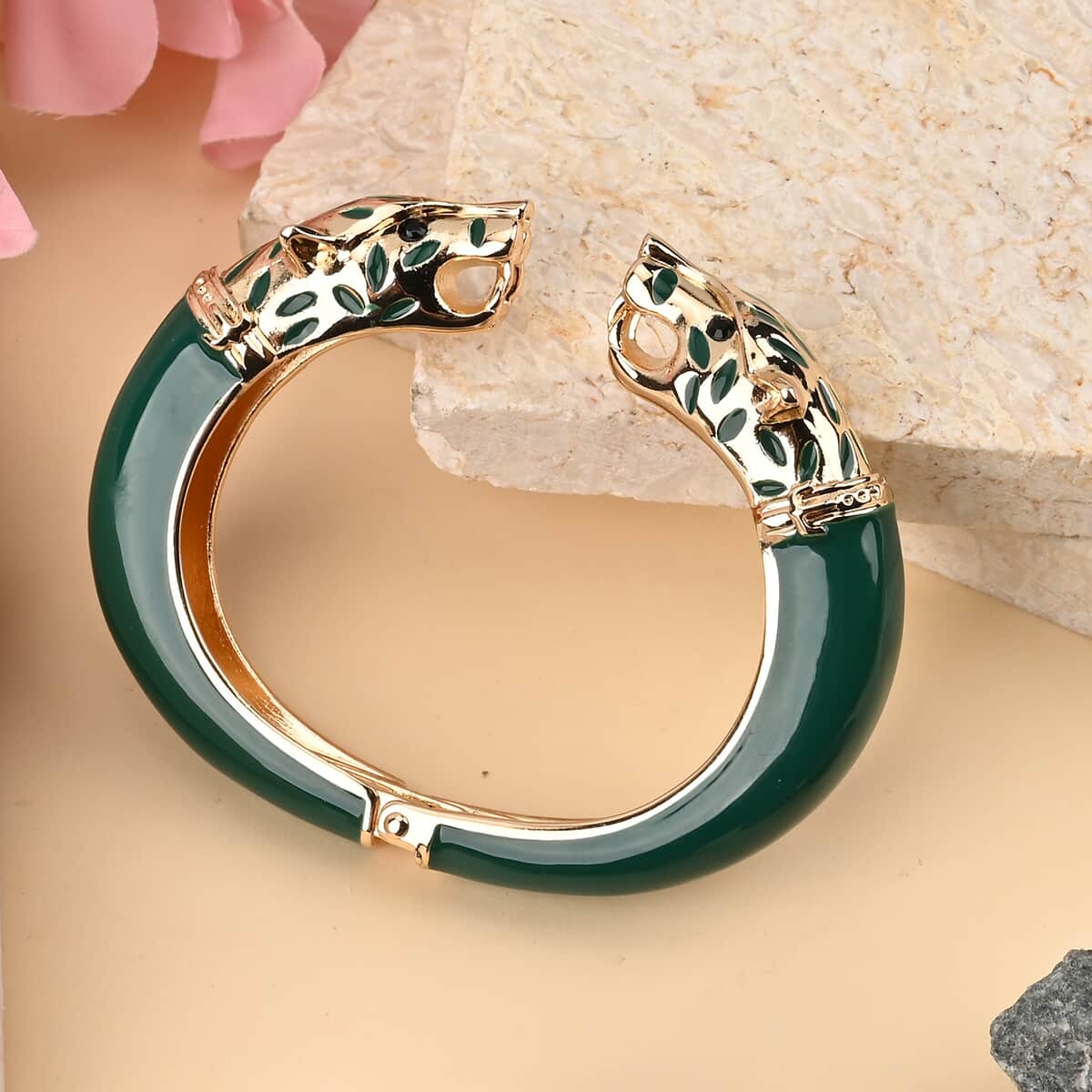Black Austrian Crystal and Green Enameled Bangle Bracelet (6.50 In) in Goldtone image number 1