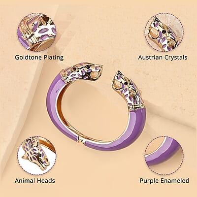 Black Austrian Crystal and Purple Enameled Bangle Bracelet in Goldtone (6.50 In)