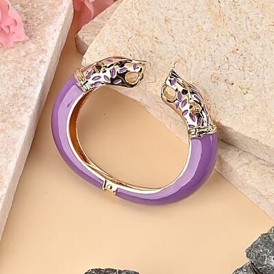 Black Austrian Crystal and Purple Enameled Bangle Bracelet in Goldtone (6.50 In)