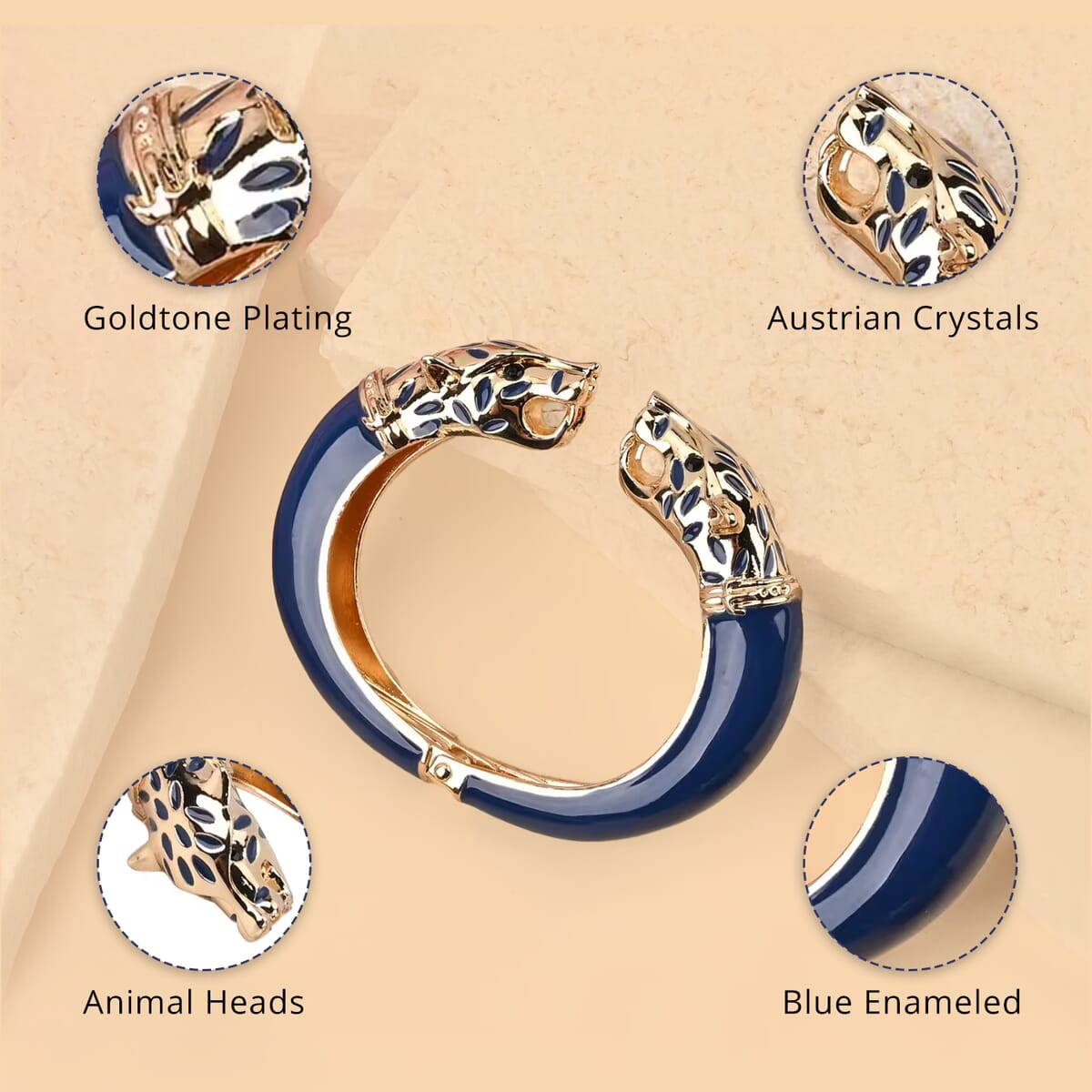 Black Austrian Crystal and Blue Enameled Bangle Bracelet in Goldtone (6.50 In) image number 2