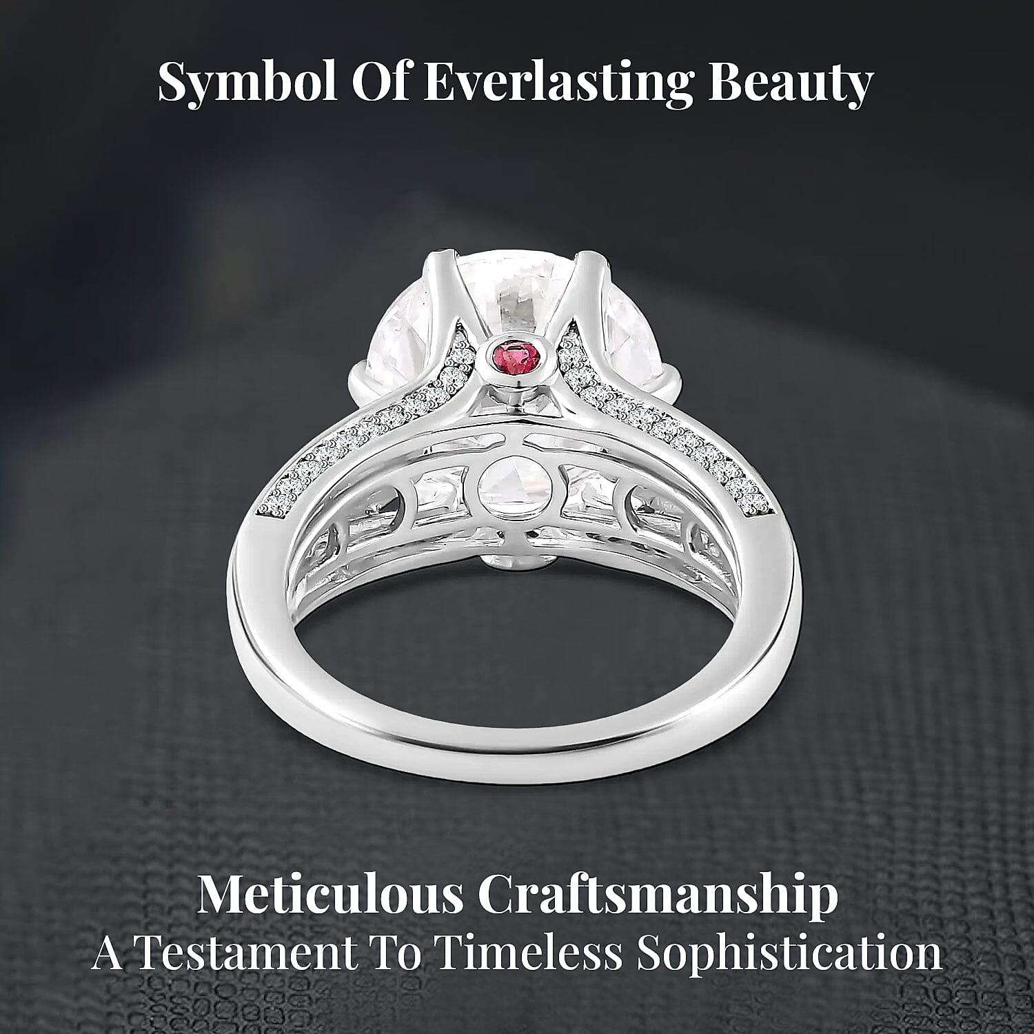 Moissanite and Ouro Fino Rubellite 6.60 ctw Princess Crown Ring in Platinum Over Sterling Silver (Size 7.0)