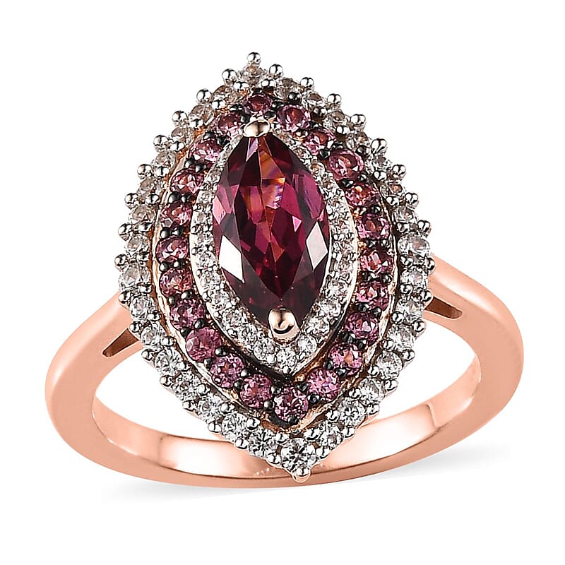 Tanzanian Wine Garnet and Multi Gemstone Triple Halo Ring in Vermeil Rose Gold Over Sterling Silver (Size 10.0) 2.60 ctw