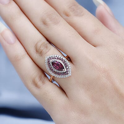 Tanzanian Wine Garnet and Multi Gemstone Triple Halo Ring in Vermeil Rose Gold Over Sterling Silver (Size 10.0) 2.60 ctw