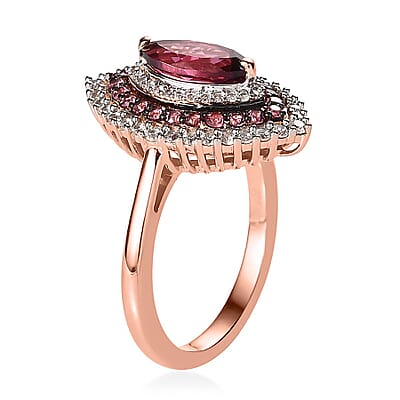 Tanzanian Wine Garnet and Multi Gemstone Triple Halo Ring in Vermeil Rose Gold Over Sterling Silver (Size 10.0) 2.60 ctw