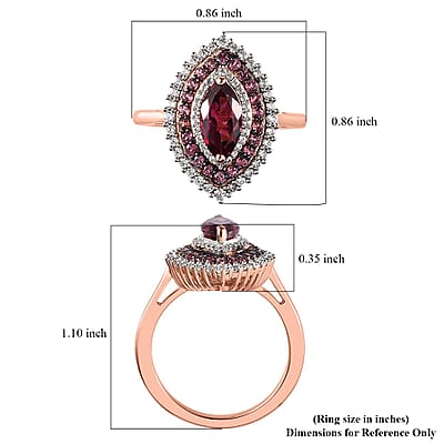 Tanzanian Wine Garnet and Multi Gemstone Triple Halo Ring in Vermeil Rose Gold Over Sterling Silver (Size 10.0) 2.60 ctw