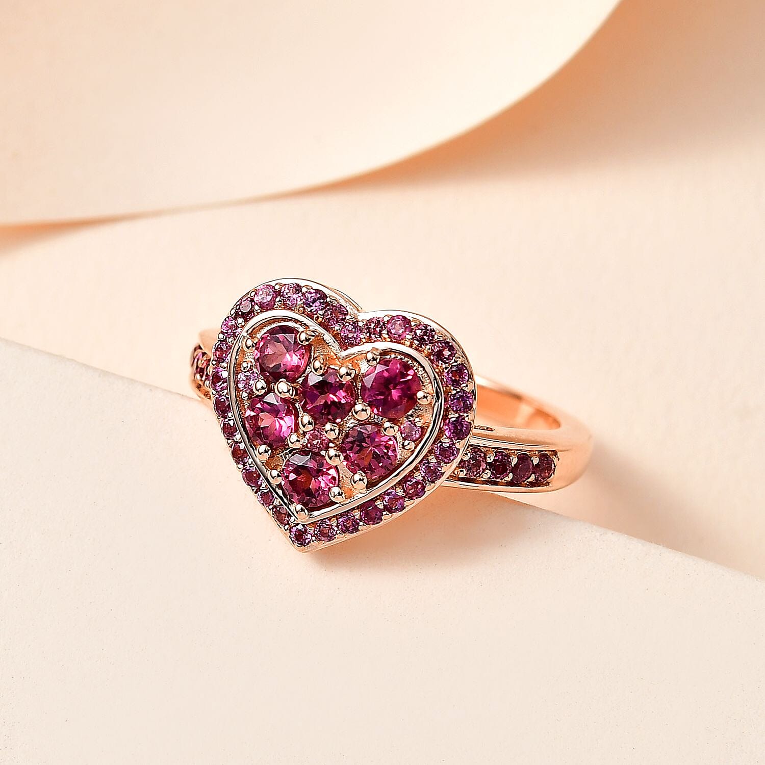 Tanzanian Wine Garnet and Lotus Garnet Heart Ring in Vermeil Rose Gold Over Sterling Silver (Size 10.0) 1.25 ctw