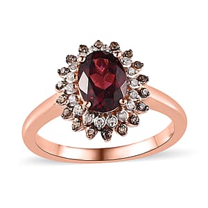 Tanzanian Wine Garnet, Natural Champagne and White Diamond Floral Ring in Vermeil Rose Gold Over Sterling Silver (Size 7.0) 1.75 ctw