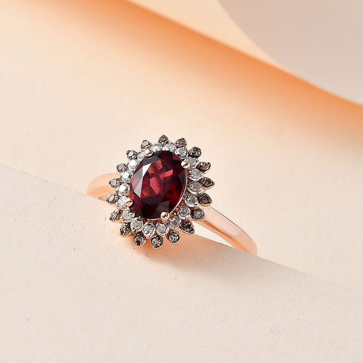 Tanzanian Wine Garnet, Natural Champagne and White Diamond Floral Ring in Vermeil Rose Gold Over Sterling Silver (Size 7.0) 1.75 ctw image number 1