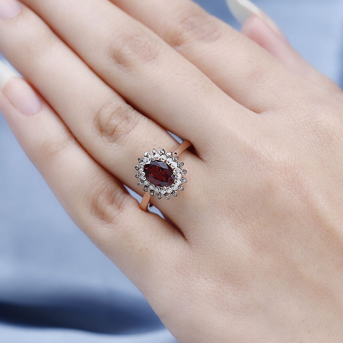 Tanzanian Wine Garnet, Natural Champagne and White Diamond Floral Ring in Vermeil Rose Gold Over Sterling Silver (Size 7.0) 1.75 ctw image number 2