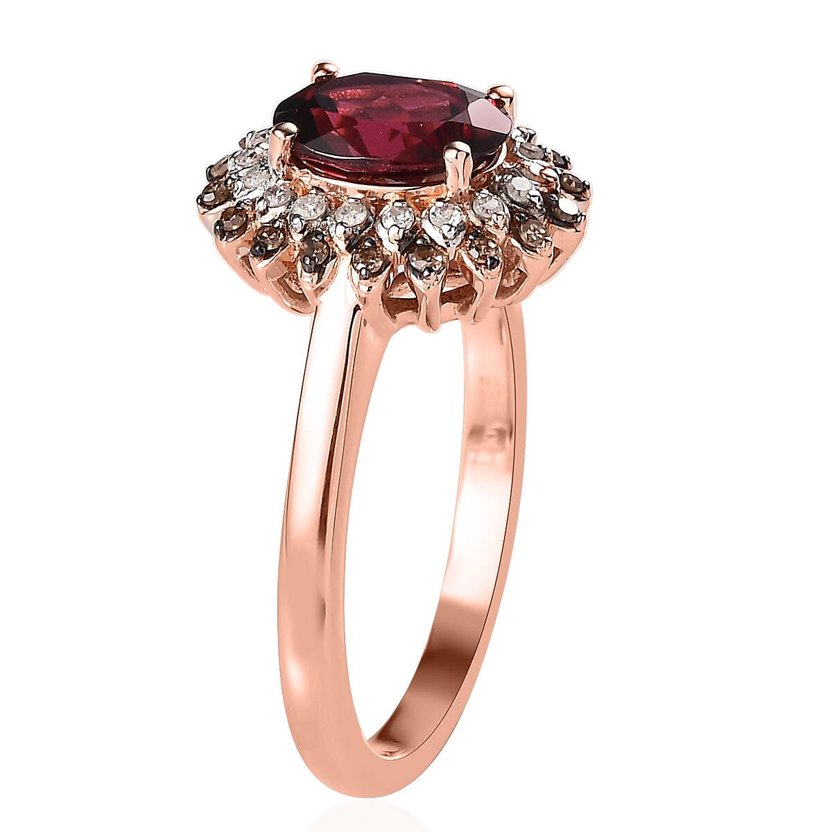 Tanzanian Wine Garnet, Natural Champagne and White Diamond Floral Ring in Vermeil Rose Gold Over Sterling Silver (Size 7.0) 1.75 ctw image number 3