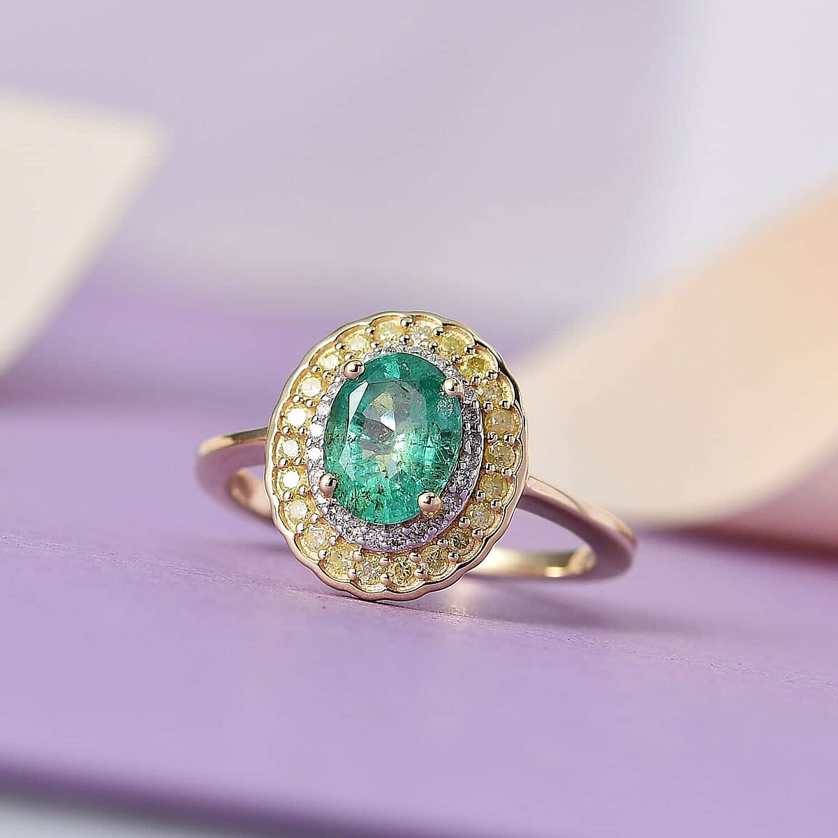 Luxoro 10K Yellow Gold AAA Kagem Zambian Emerald, I2-I3 Natural Yellow and White Diamond Double Halo Ring (Size 5.5) 1.50 ctw image number 1