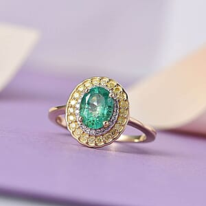 Luxoro 10K Yellow Gold AAA Kagem Zambian Emerald, I2-I3 Natural Yellow and White Diamond Double Halo Ring (Size 7.5) 1.50 ctw