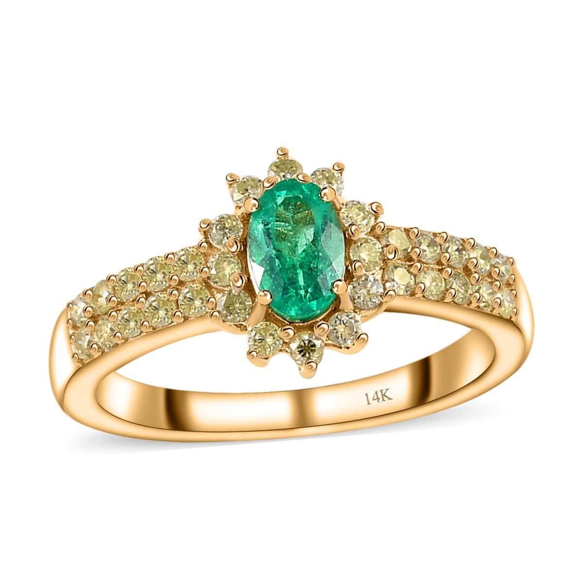Luxoro 14K Yellow Gold AAA Boyaca Colombian Emerald and I3 Natural Yellow Diamond Sunburst Ring (Size 8.5) 1.00 ctw image number 0