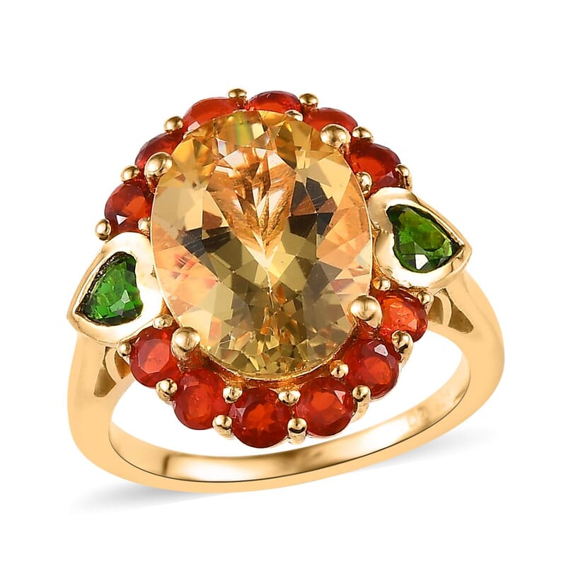 Yellow Labradorite and Multi Gemstone Halo Ring in Vermeil Yellow Gold Over Sterling Silver (Size 10.0) 6.35 ctw