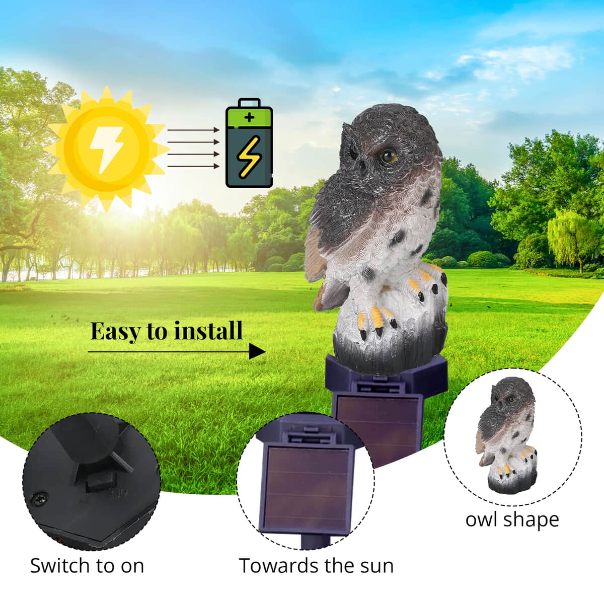 Owl Figurine Solar Stake Outdoor Waterproof Garden Light (5.51x2.75x16.9) image number 3