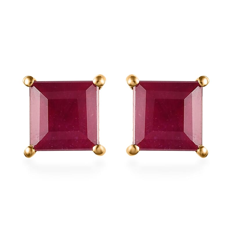 Niassa Ruby (FF) and White Zircon Stud Earrings in Vermeil Yellow Gold Over Sterling Silver 5.60 ctw