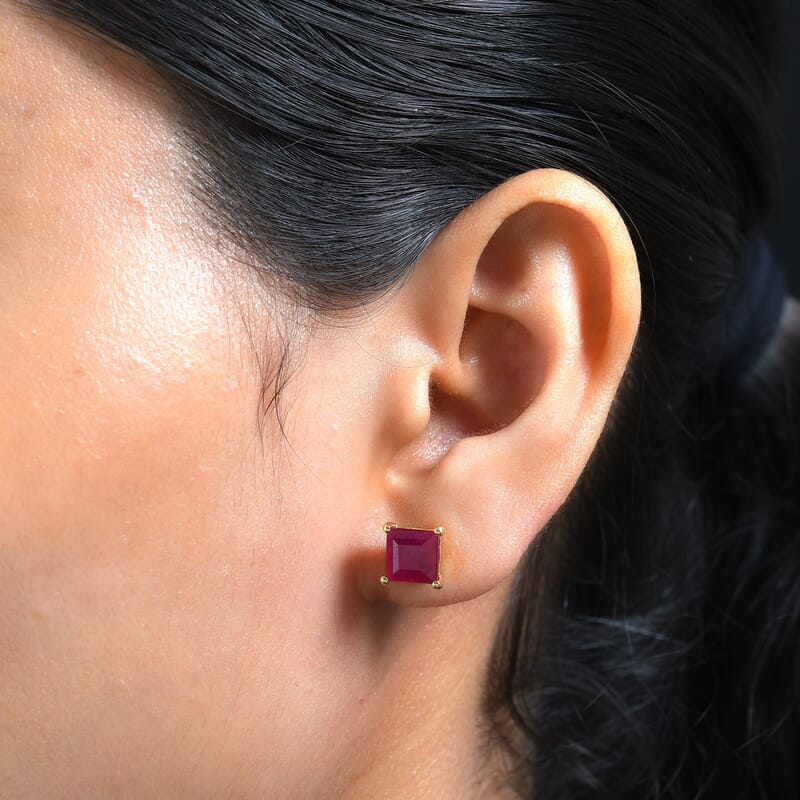 Niassa Ruby (FF) and White Zircon Stud Earrings in Vermeil Yellow Gold Over Sterling Silver 5.60 ctw