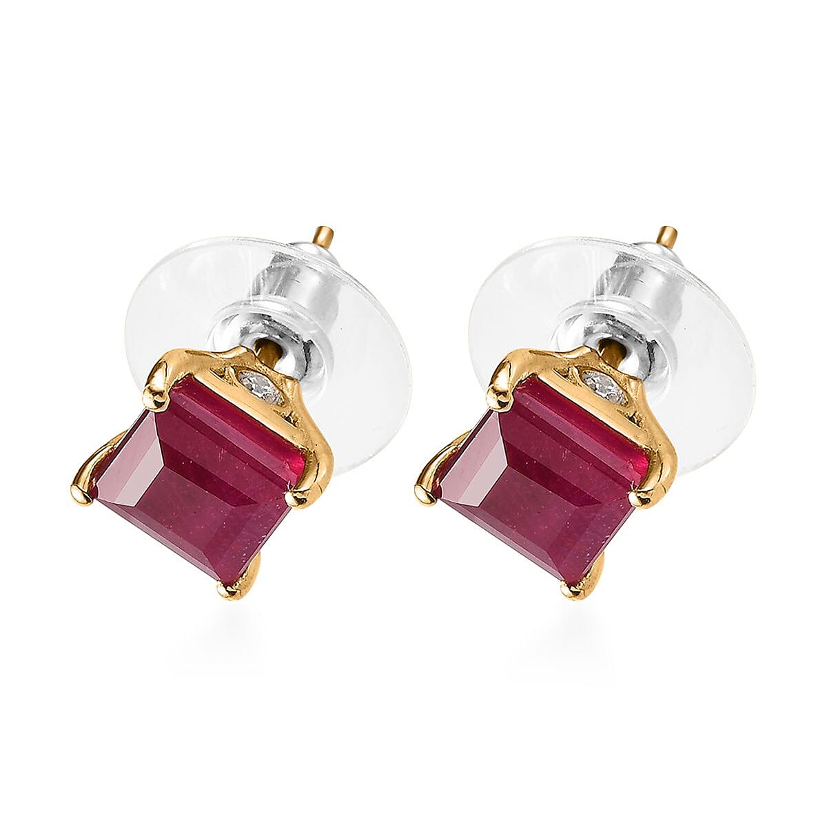 Niassa Ruby (FF) and White Zircon Stud Earrings in Vermeil Yellow Gold Over Sterling Silver 5.60 ctw