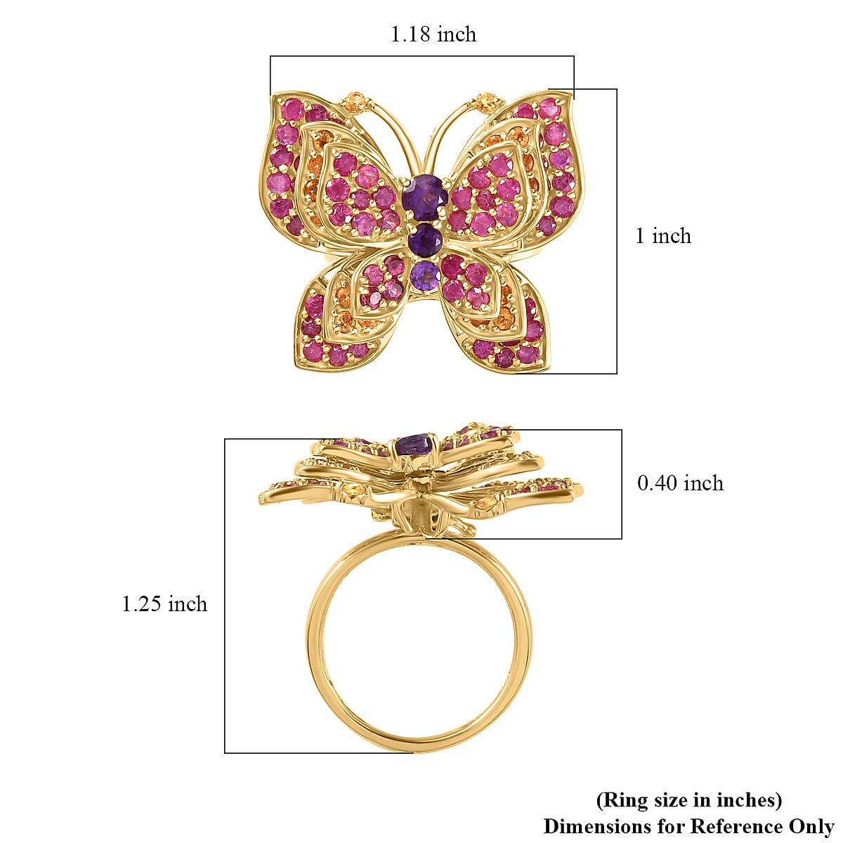 GP Trionfo Collection African Amethyst and Multi Gemstone Butterfly Ring in Vermeil Yellow Gold Over Sterling Silver (Size 10.0) 3.15 ctw