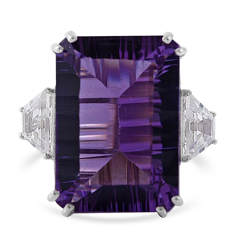 Concave Cut African Amethyst and White Topaz Ring in Platinum Over Sterling Silver (Size 10.0) 21.10 ctw
