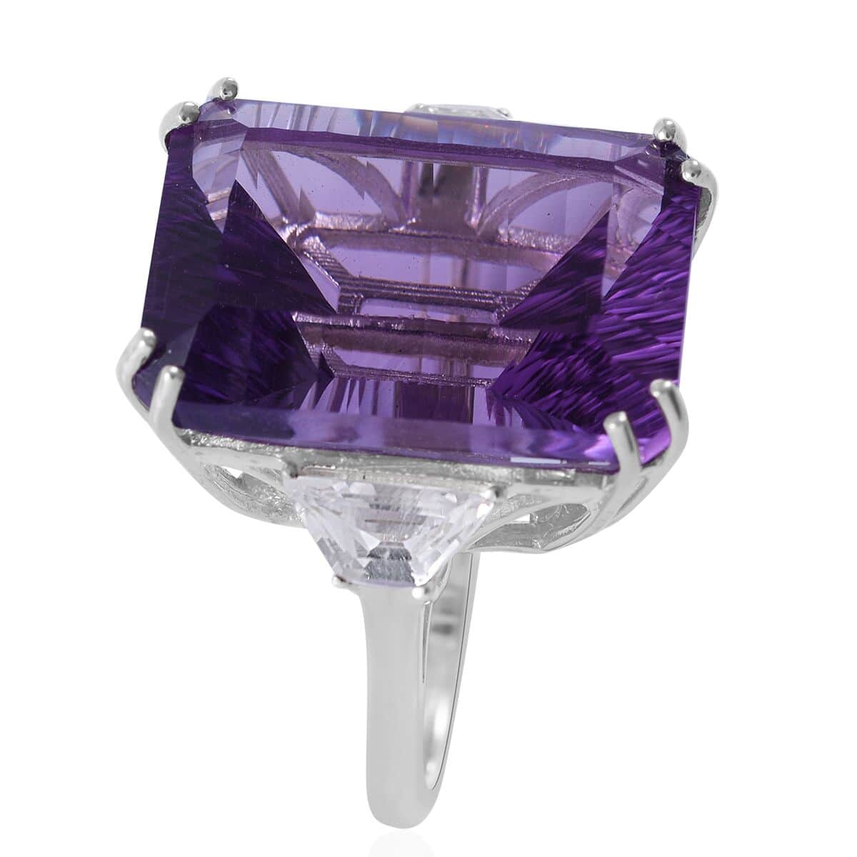 Concave Cut African Amethyst and White Topaz Ring in Platinum Over Sterling Silver (Size 9.0) 21.10 ctw image number 2