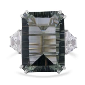 Concave Cut Montezuma Prasiolite and White Topaz Ring in Platinum Over Sterling Silver (Size 7.0) 21.10 ctw