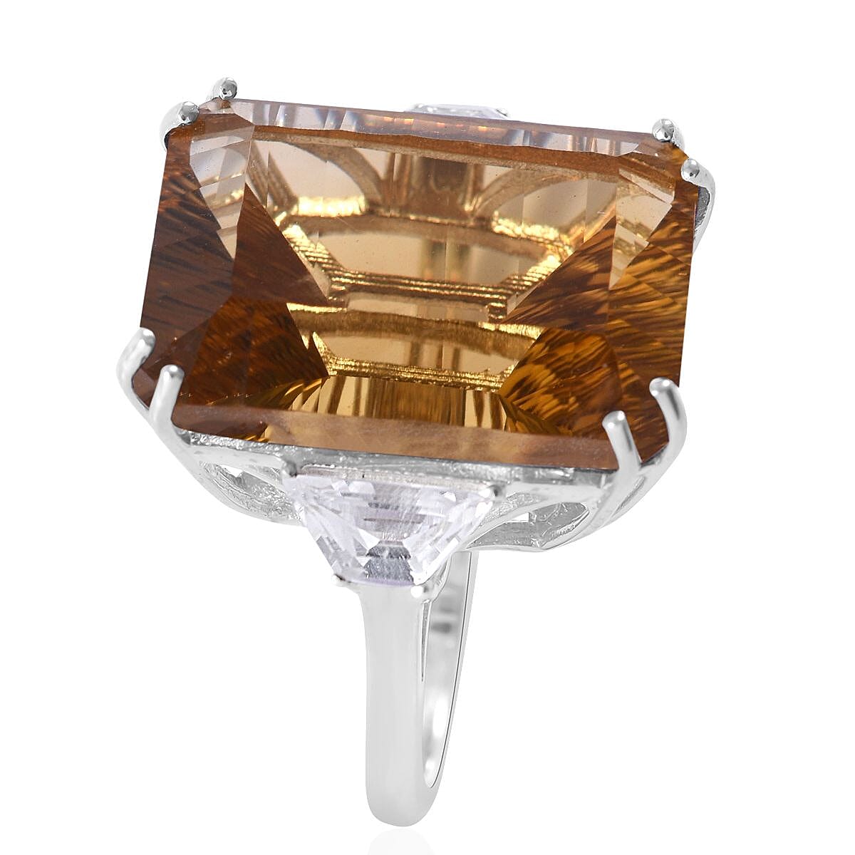 Concave Cut Brazilian Citrine and White Topaz Ring in Platinum Over Sterling Silver (Size 10.0) 21.10 ctw image number 2