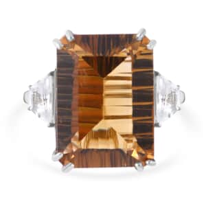 Concave Cut Brazilian Citrine and White Topaz Ring in Platinum Over Sterling Silver (Size 6.0) 21.10 ctw