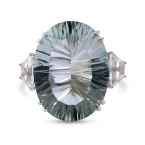 Concave Cut Montezuma Prasiolite and White Topaz Ring in Platinum Over Sterling Silver (Size 9.0) 21.10 ctw