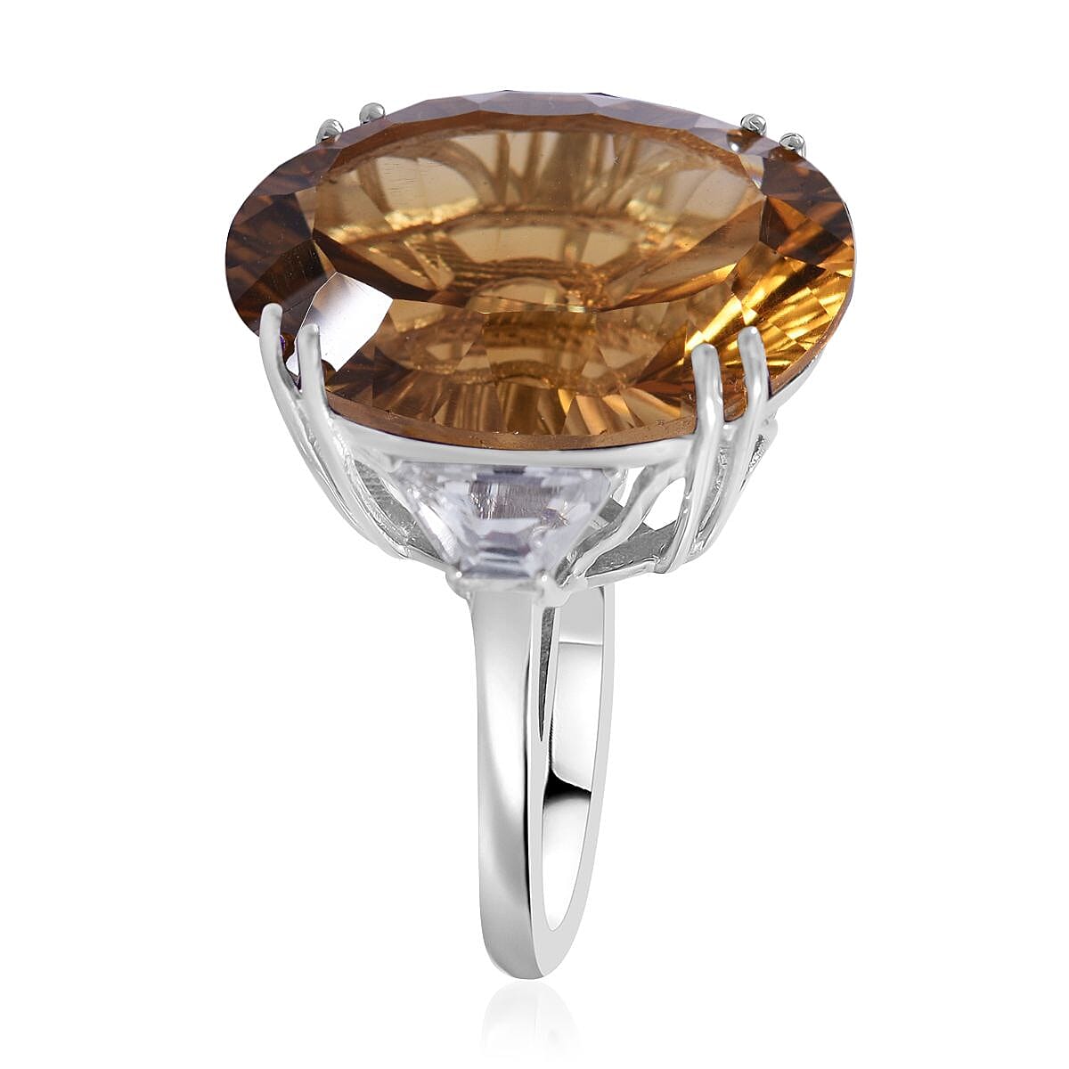 Concave Cut Brazilian Citrine and White Topaz Ring in Platinum Over Sterling Silver (Size 6.0) 21.10 ctw image number 2