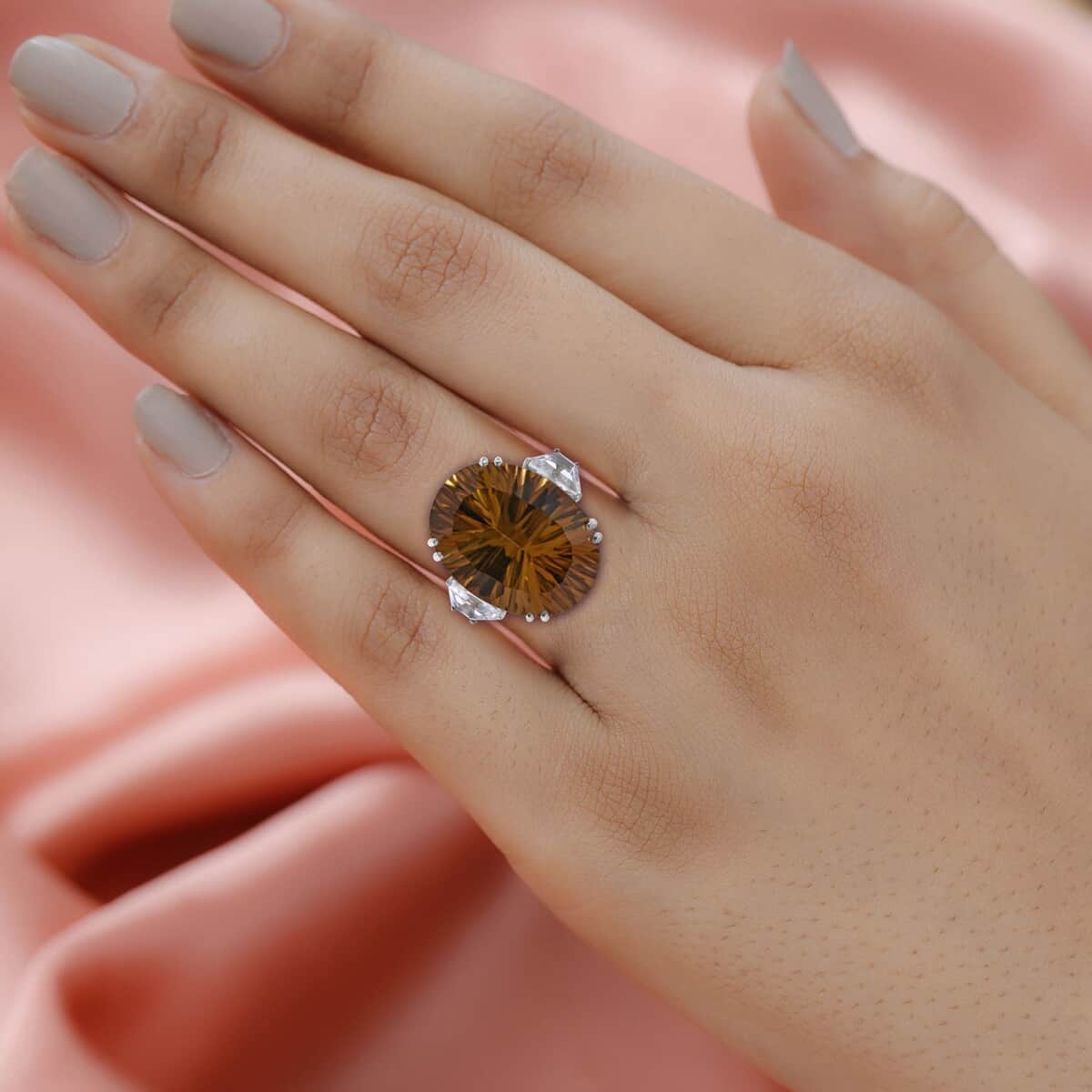 Concave Cut Brazilian Citrine and White Topaz Ring in Platinum Over Sterling Silver (Size 8.0) 21.10 ctw image number 1