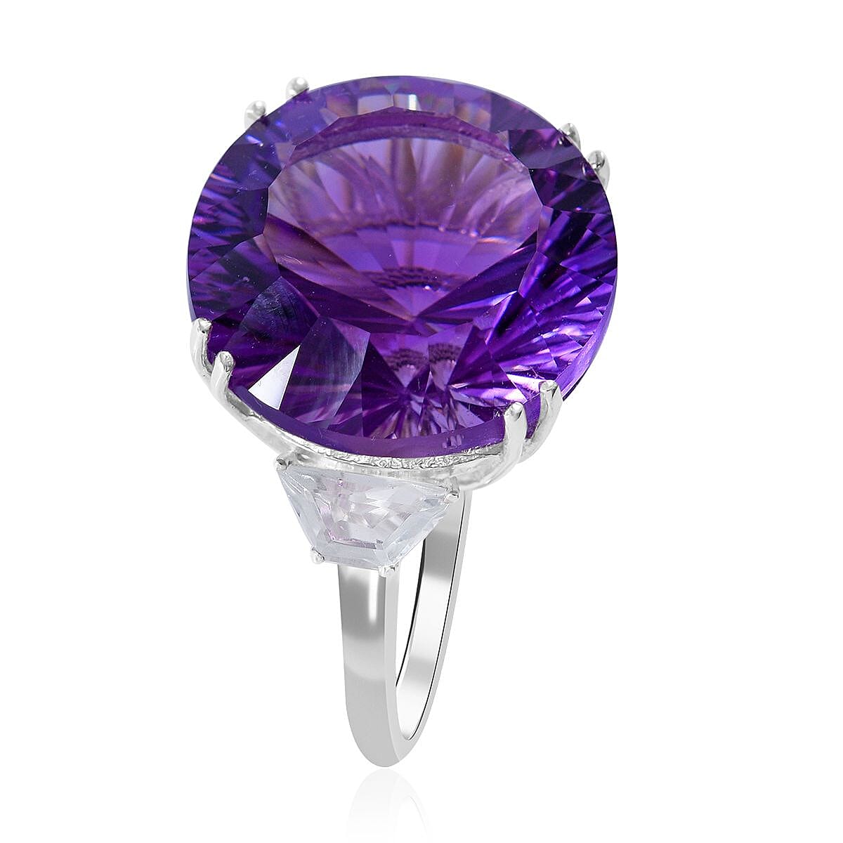 Concave Cut African Amethyst and White Topaz Ring in Platinum Over Sterling Silver (Size 10.0) 21.10 ctw image number 2