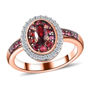 Anthill Garnet and Moissanite Double Halo Ring in Vermeil Rose Gold Over Sterling Silver (Size 10.0) 0.85 ctw