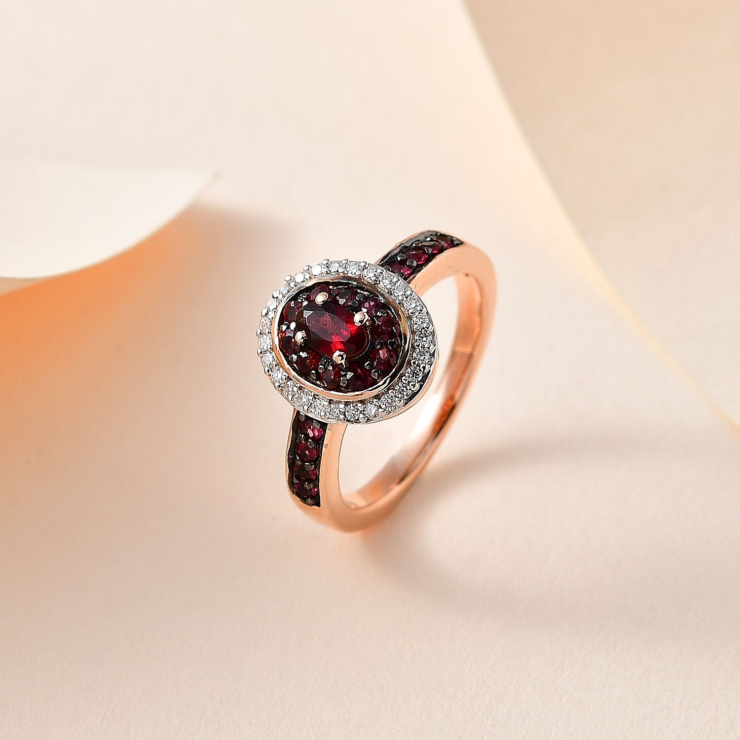Anthill Garnet and Moissanite Double Halo Ring in Vermeil Rose Gold Over Sterling Silver (Size 10.0) 0.85 ctw