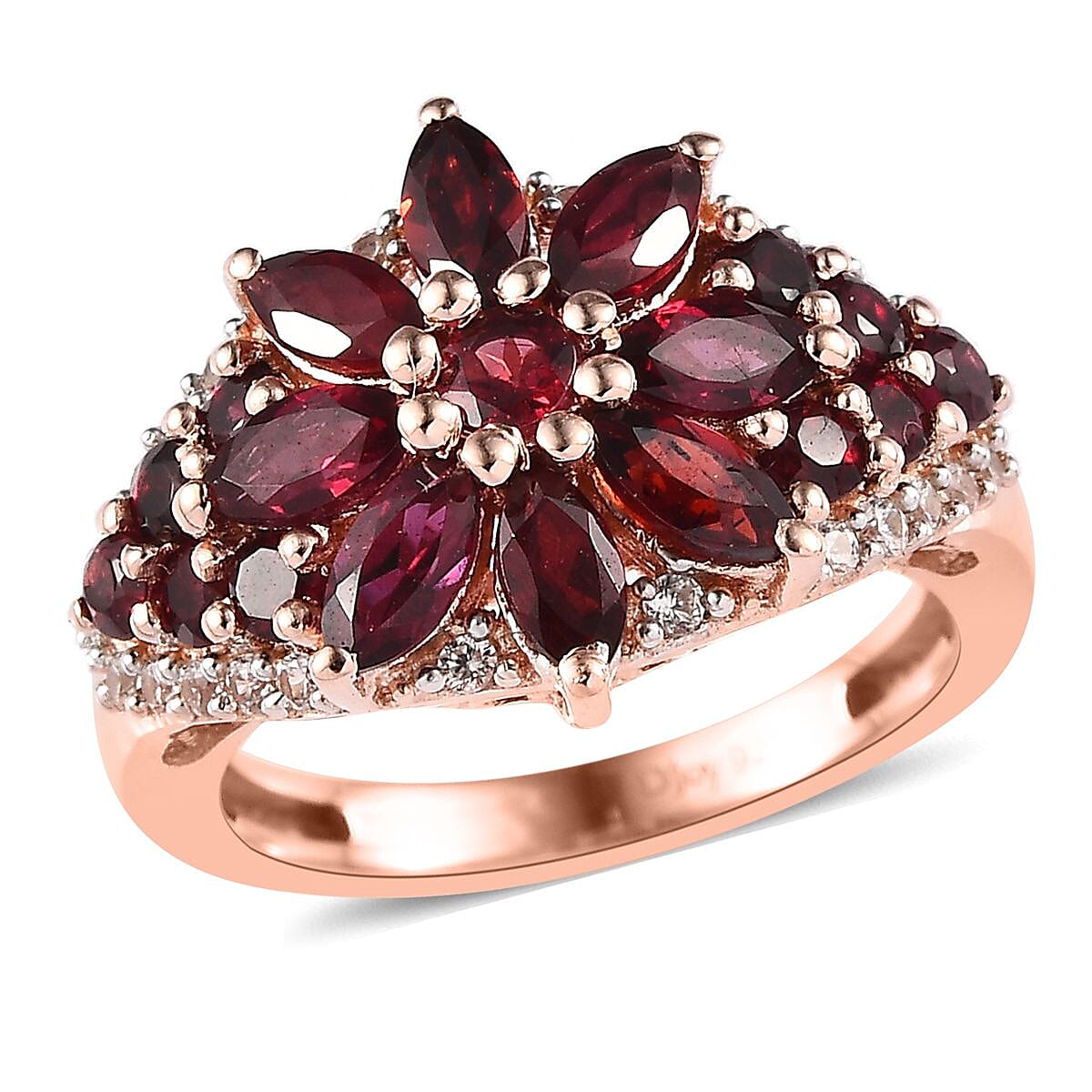 Anthill Garnet and White Zircon Floral Ring in Vermeil Rose Gold Over Sterling Silver (Size 10.0) 2.50 ctw