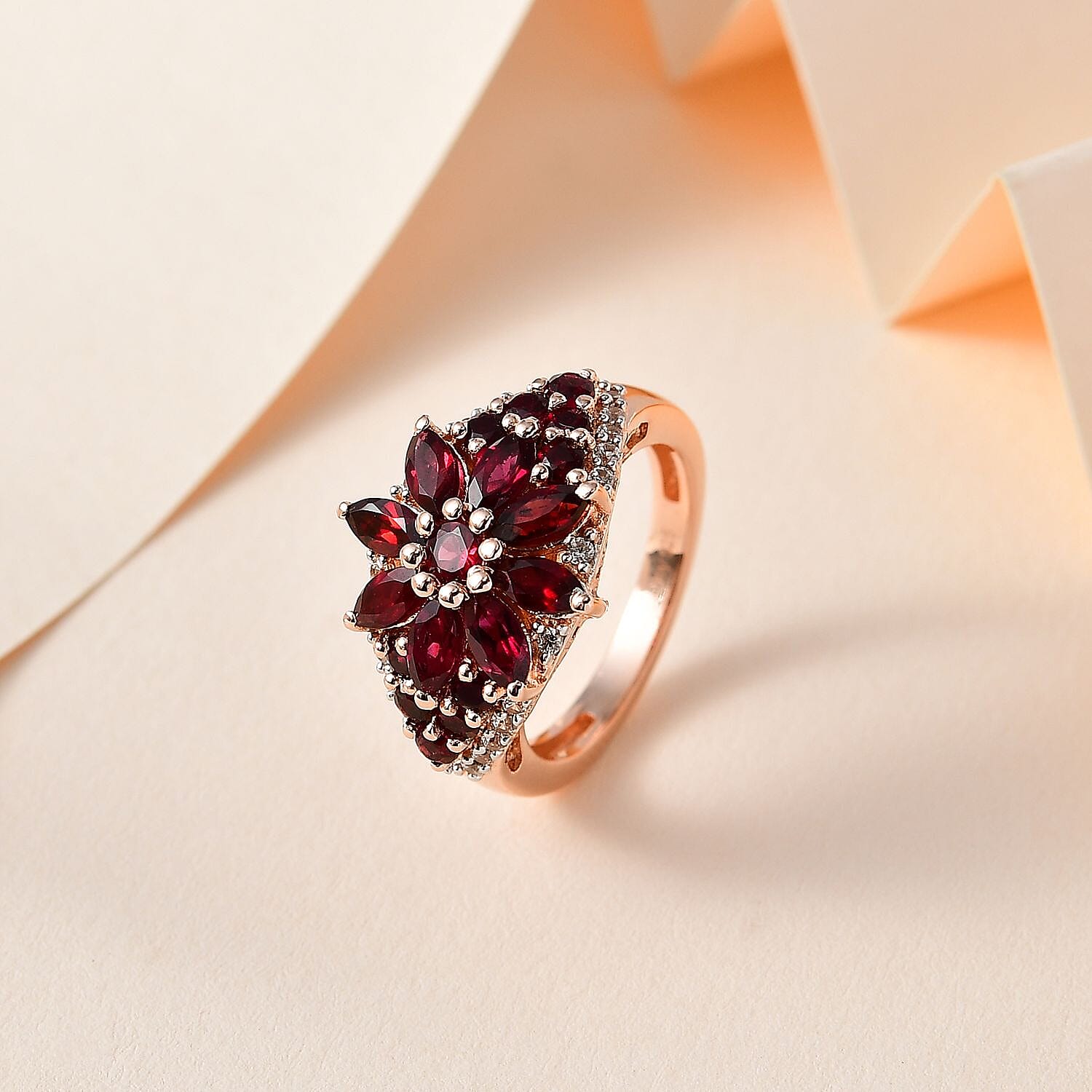 Anthill Garnet and White Zircon Floral Ring in Vermeil Rose Gold Over Sterling Silver (Size 10.0) 2.50 ctw